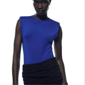 ZARA BodySuit Blue Sleeveless Shoulder Pads Round Neck Snap Button Small NWT
